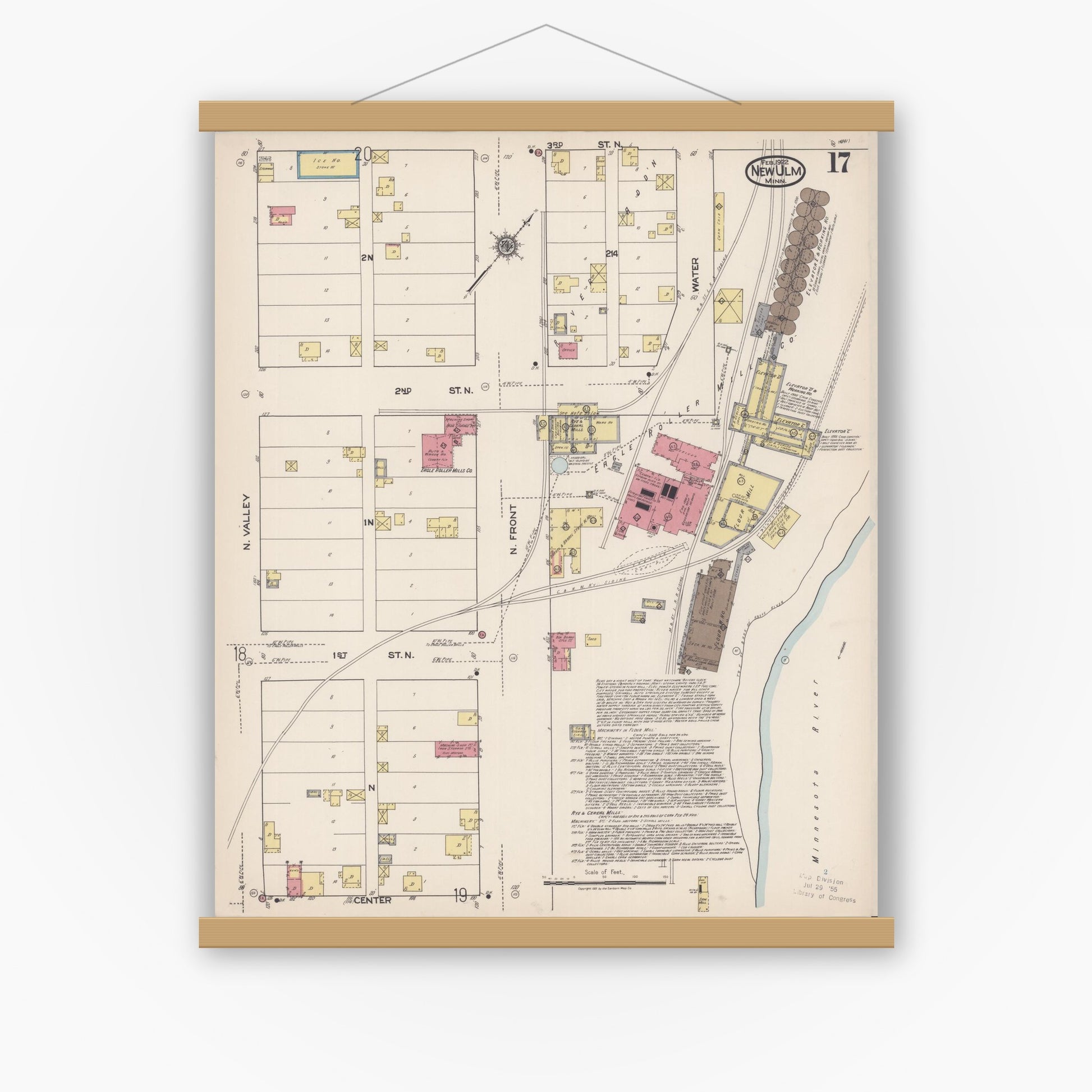Old map wall art mockup — magnetic wood frame on white wall — Sanborn Fire Insurance Map from New Ulm, Brown County, Minnesota (1922), Sheet #0017