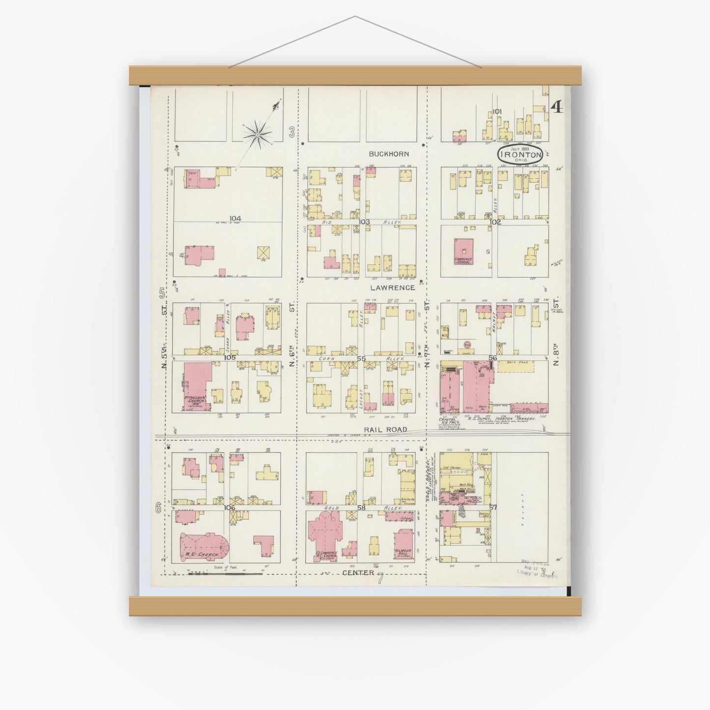 Old map wall art mockup — magnetic wood frame on white wall — Sanborn Fire Insurance Map from Ironton, Lawrence County, Ohio (1893), Sheet #0004