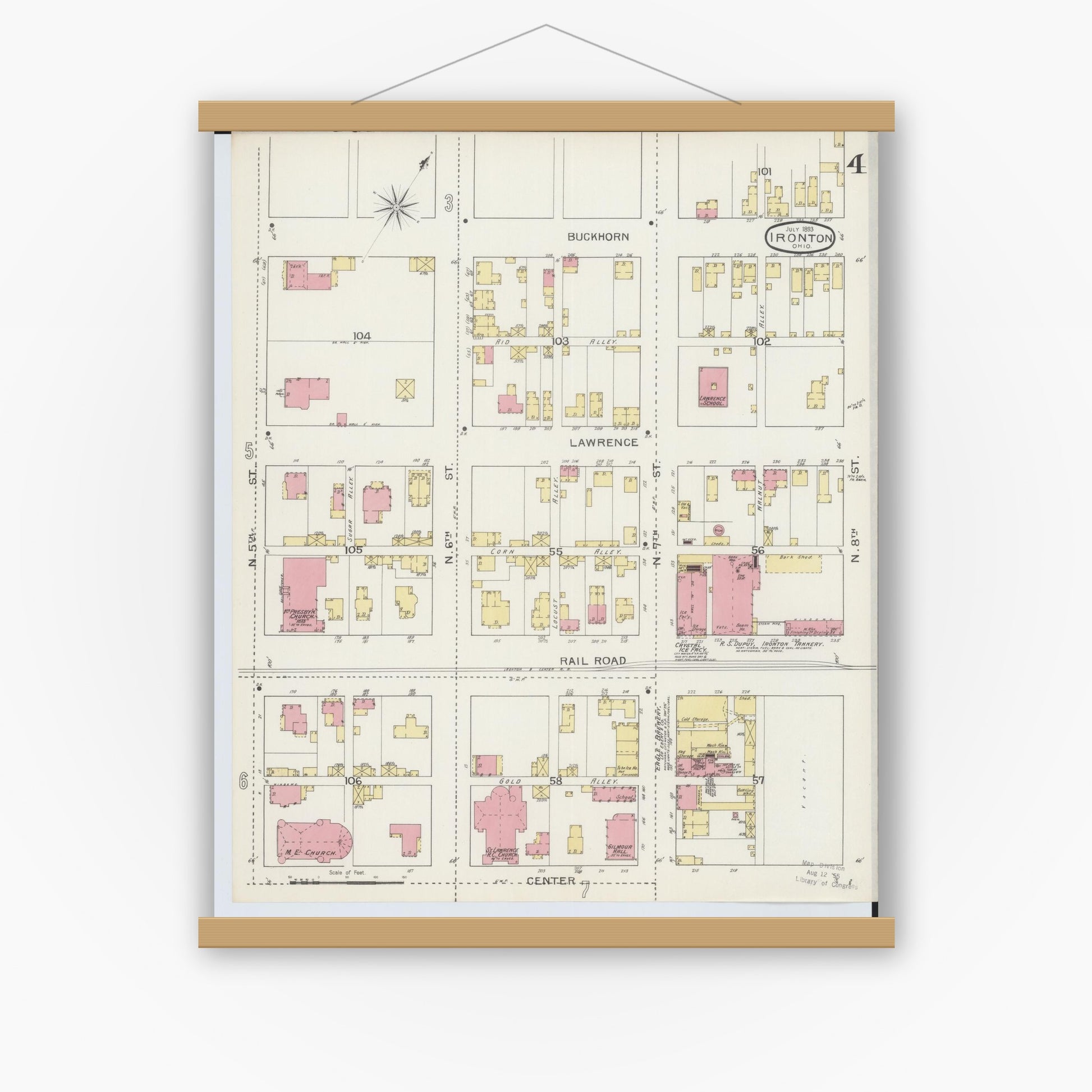 Old map wall art mockup — magnetic wood frame on white wall — Sanborn Fire Insurance Map from Ironton, Lawrence County, Ohio (1893), Sheet #0004