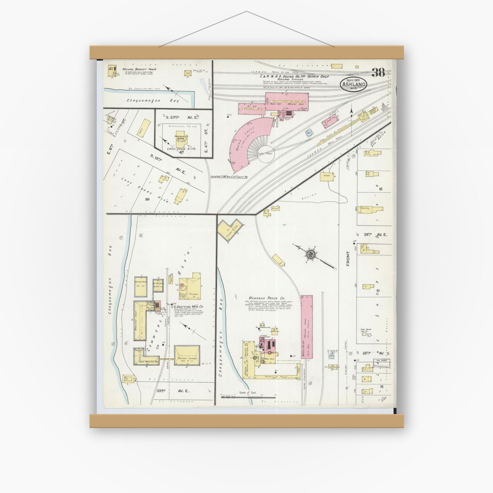 Old map wall art mockup — magnetic wood frame on white wall — Sanborn Fire Insurance Map from Ashland, Ashland County, Wisconsin (1909), Sheet #0038