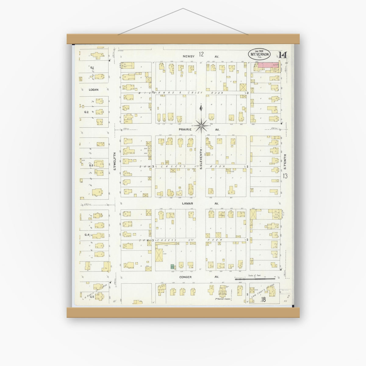Old map wall art mockup — magnetic wood frame on white wall — Sanborn Fire Insurance Map from Mount Vernon, Jefferson County, Illinois (1908), Sheet #0014
