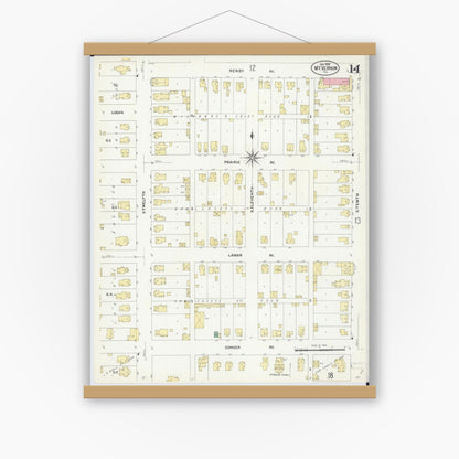 Old map wall art mockup — magnetic wood frame on white wall — Sanborn Fire Insurance Map from Mount Vernon, Jefferson County, Illinois (1908), Sheet #0014