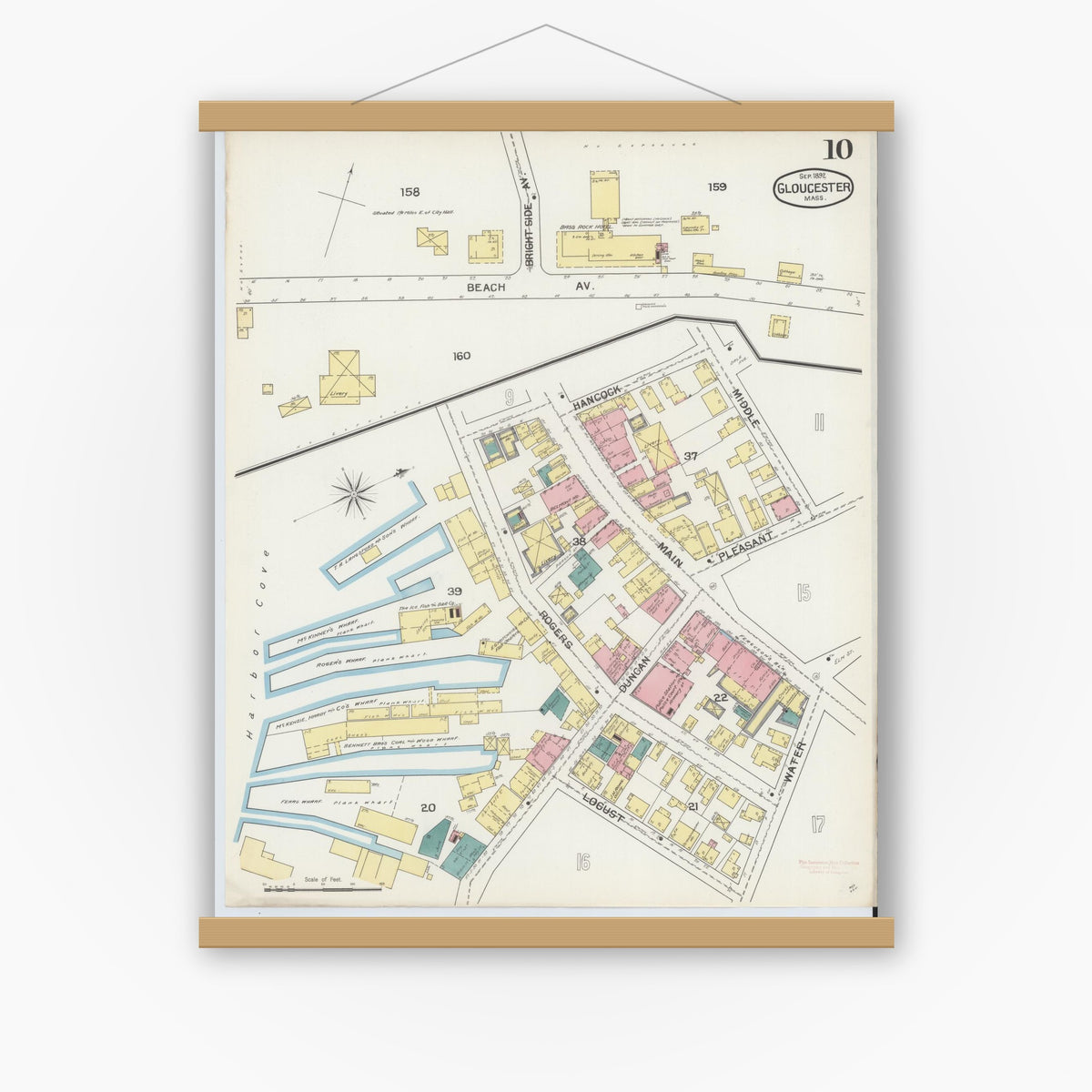 Old map wall art mockup — magnetic wood frame on white wall — Sanborn Fire Insurance Map from Gloucester, Essex County, Massachusetts (1892), Sheet #0010