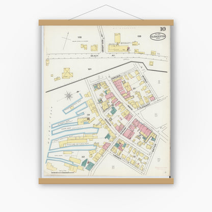 Old map wall art mockup — magnetic wood frame on white wall — Sanborn Fire Insurance Map from Gloucester, Essex County, Massachusetts (1892), Sheet #0010