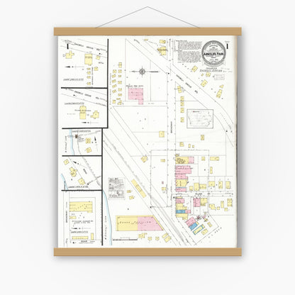 Old map wall art mockup — magnetic wood frame on white wall — Sanborn Fire Insurance Map from Arnold's Park, Dickinson County, Iowa (1930) â€” Complete Set