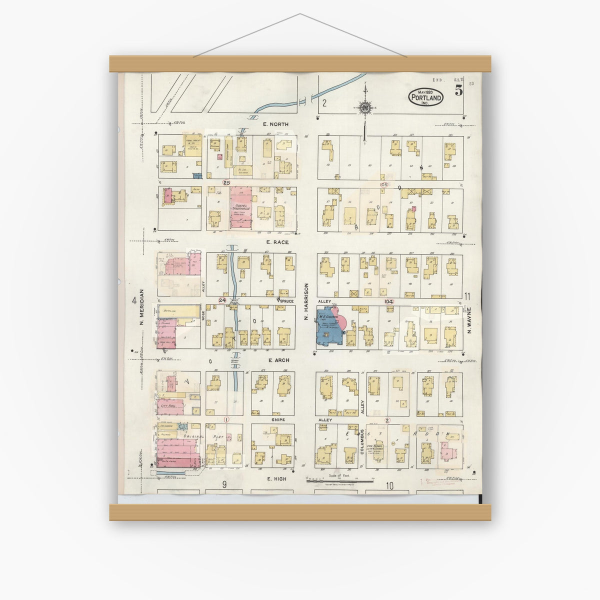 Old map wall art mockup — magnetic wood frame on white wall — Sanborn Fire Insurance Map from Portland, Jay County, Indiana (1946), Sheet #0005