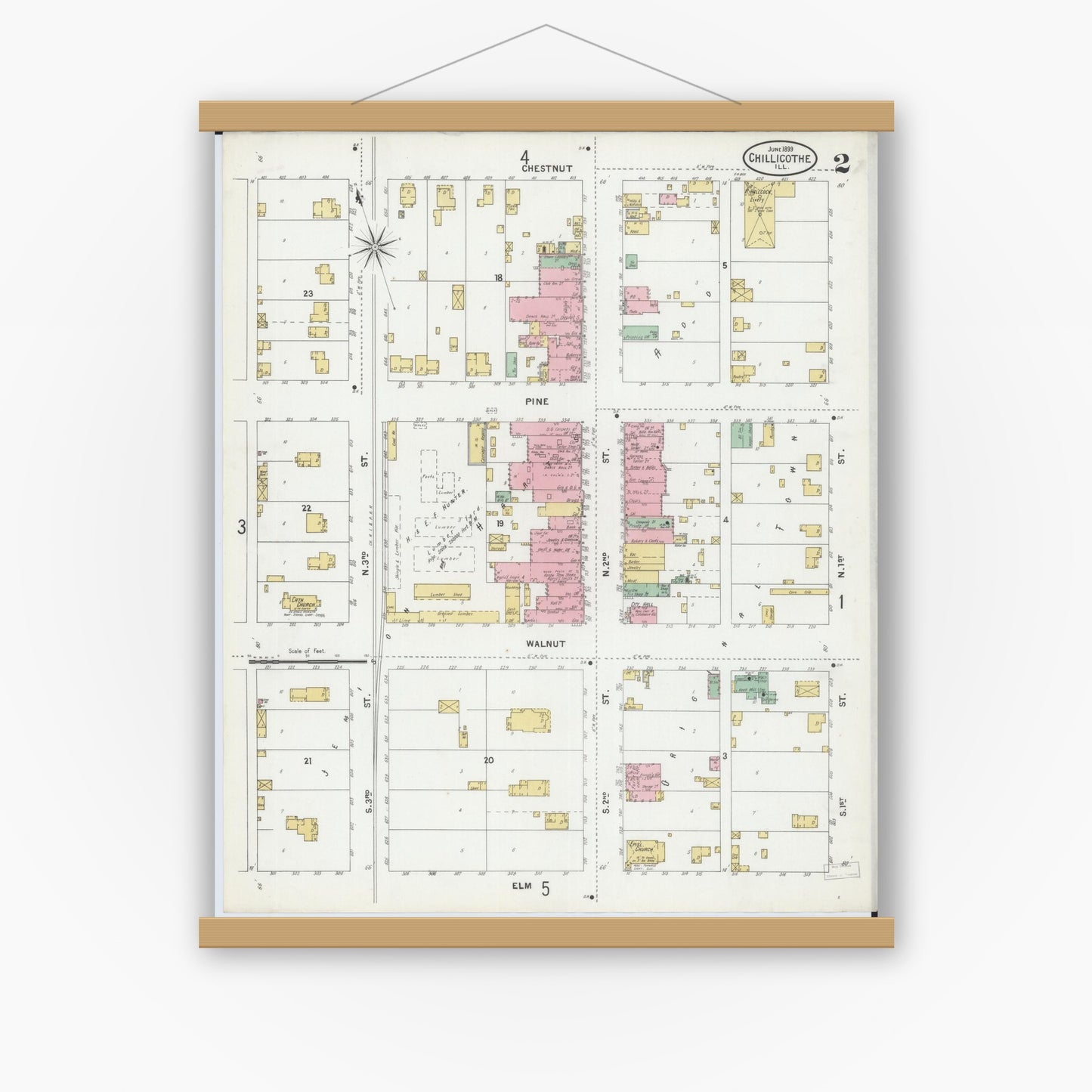 Old map wall art mockup — magnetic wood frame on white wall — Sanborn Fire Insurance Map from Chillicothe, Peoria County, Illinois (1899), Sheet #0002