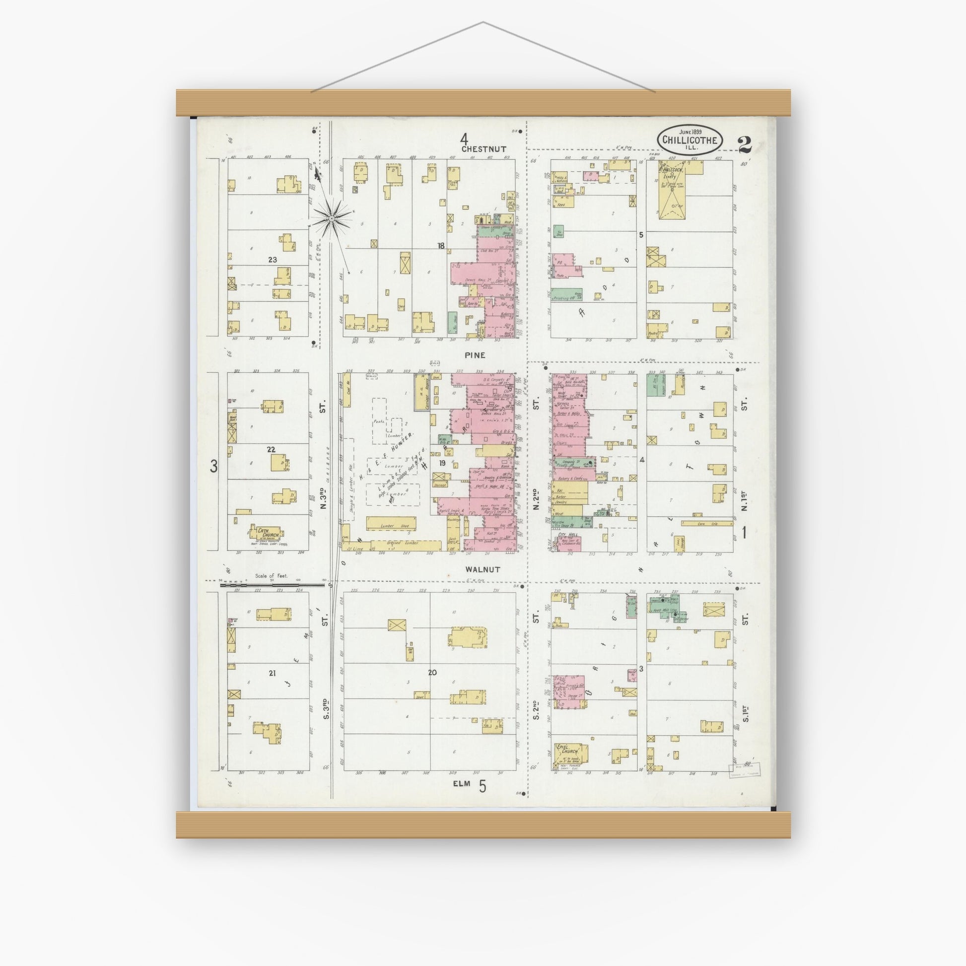 Old map wall art mockup — magnetic wood frame on white wall — Sanborn Fire Insurance Map from Chillicothe, Peoria County, Illinois (1899), Sheet #0002