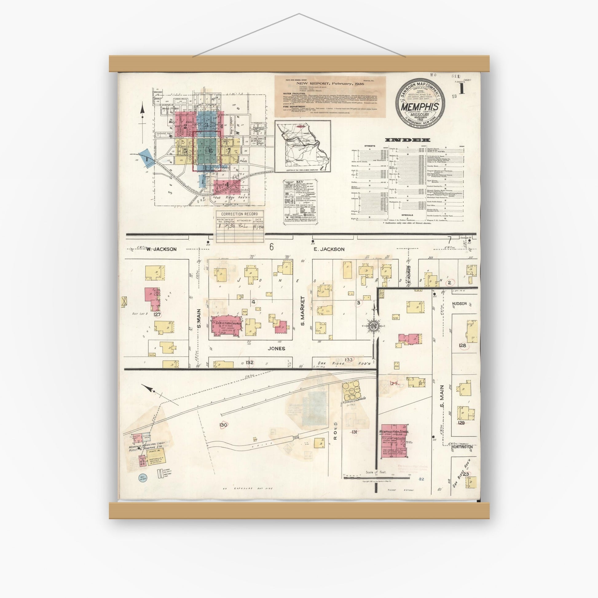 Old map wall art mockup — magnetic wood frame on white wall — Sanborn Fire Insurance Map from Memphis, Scotland County, Missouri (1936), Sheet #0001