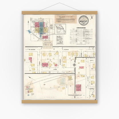 Old map wall art mockup — magnetic wood frame on white wall — Sanborn Fire Insurance Map from Memphis, Scotland County, Missouri (1936), Sheet #0001