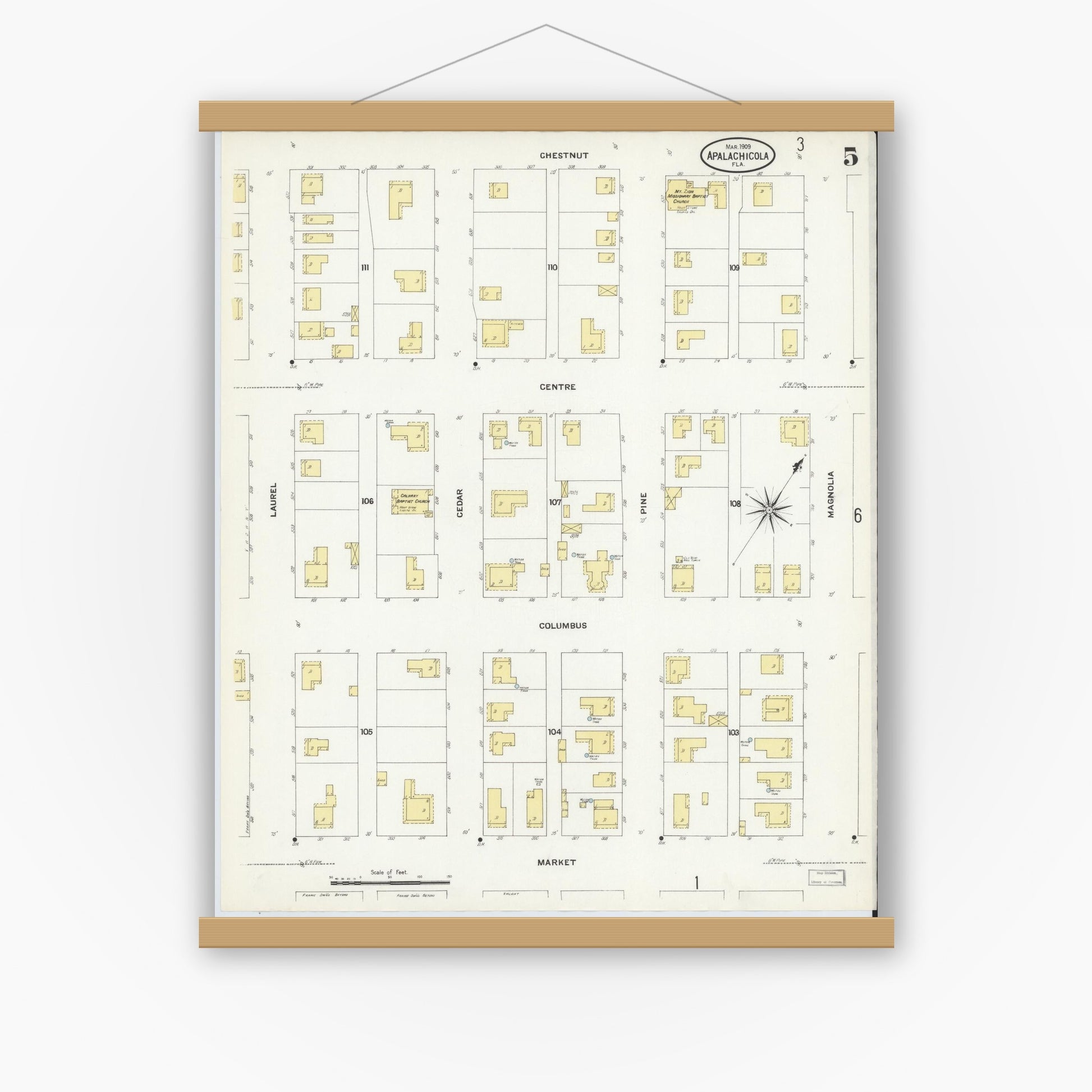 Old map wall art mockup — magnetic wood frame on white wall — Sanborn Fire Insurance Map from Apalachicola, Franklin County, Florida (1909), Sheet #0005
