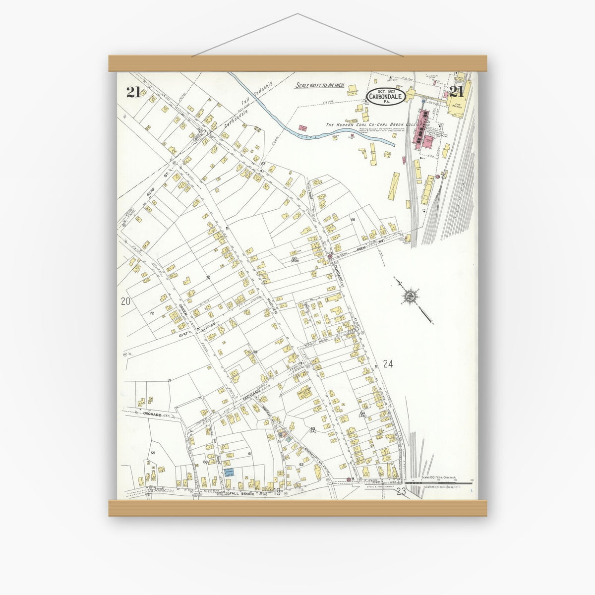 Old map wall art mockup — magnetic wood frame on white wall — Sanborn Fire Insurance Map from Carbondale, Lackawanna County, Pennsylvania (1923), Sheet #0021