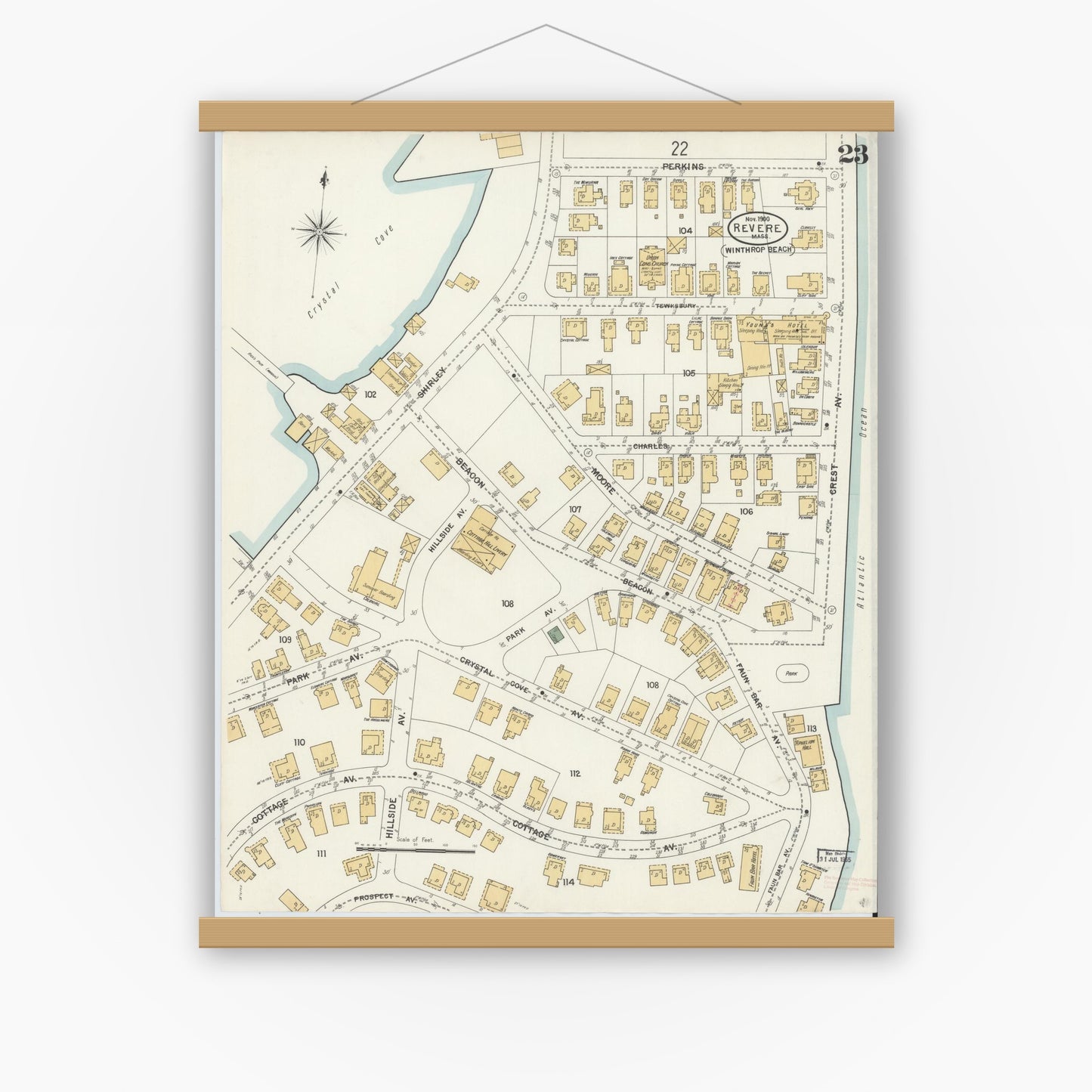 Old map wall art mockup — magnetic wood frame on white wall — Sanborn Fire Insurance Map from Revere, Suffolk County, Massachusetts (1900), Sheet #0023