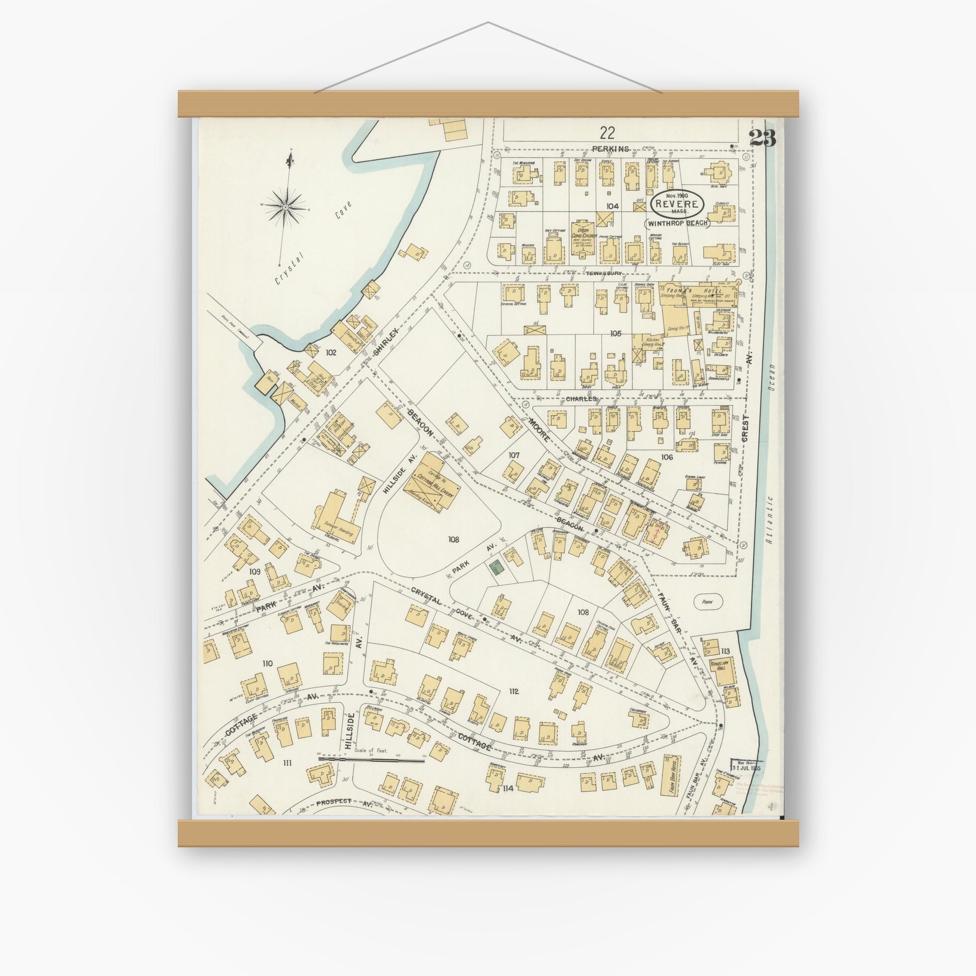 Old map wall art mockup — magnetic wood frame on white wall — Sanborn Fire Insurance Map from Revere, Suffolk County, Massachusetts (1900), Sheet #0023