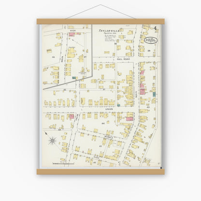 Old map wall art mockup — magnetic wood frame on white wall — Sanborn Fire Insurance Map from Scranton Suburbs, Lackawanna County, Pennsylvania (1893), Sheet #0004