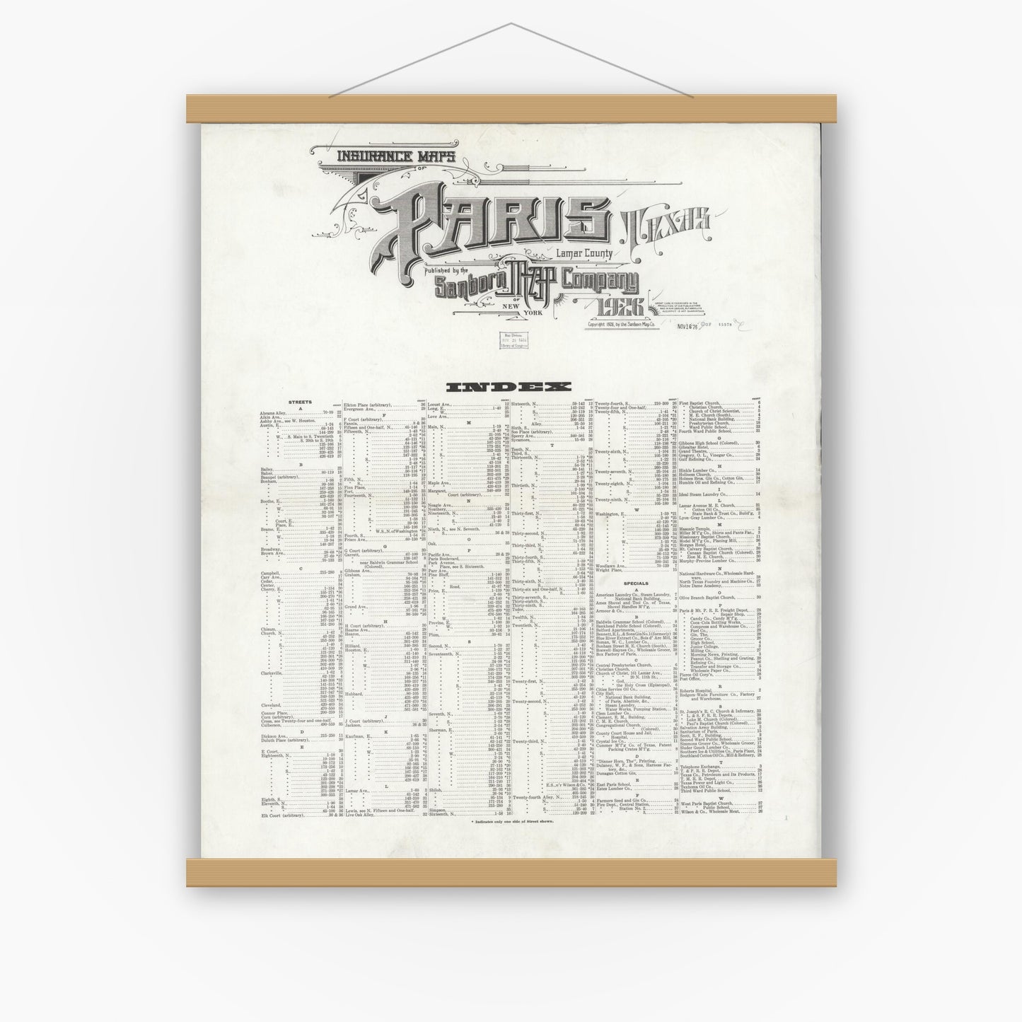 Old map wall art mockup — magnetic wood frame on white wall — Sanborn Fire Insurance Map from Paris, Lamar County, Texas (1926), Sheet #0001