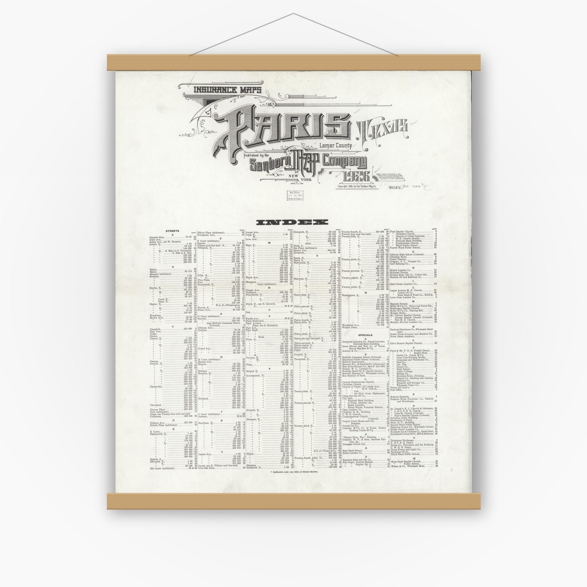 Old map wall art mockup — magnetic wood frame on white wall — Sanborn Fire Insurance Map from Paris, Lamar County, Texas (1926), Sheet #0001