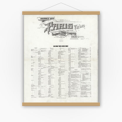 Old map wall art mockup — magnetic wood frame on white wall — Sanborn Fire Insurance Map from Paris, Lamar County, Texas (1926), Sheet #0001