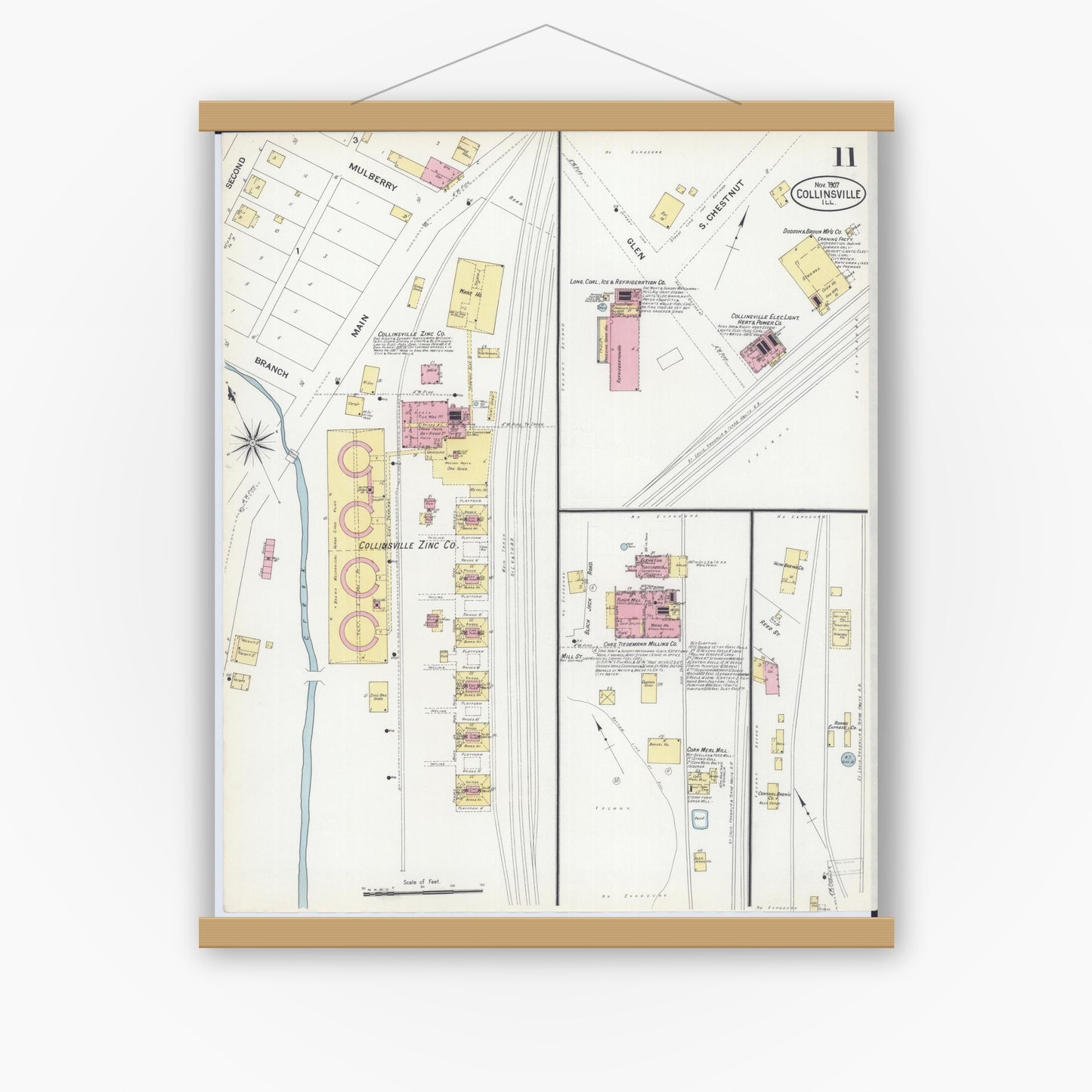 Old map wall art mockup — magnetic wood frame on white wall — Sanborn Fire Insurance Map from Collinsville, Madison County, Illinois (1907), Sheet #0011