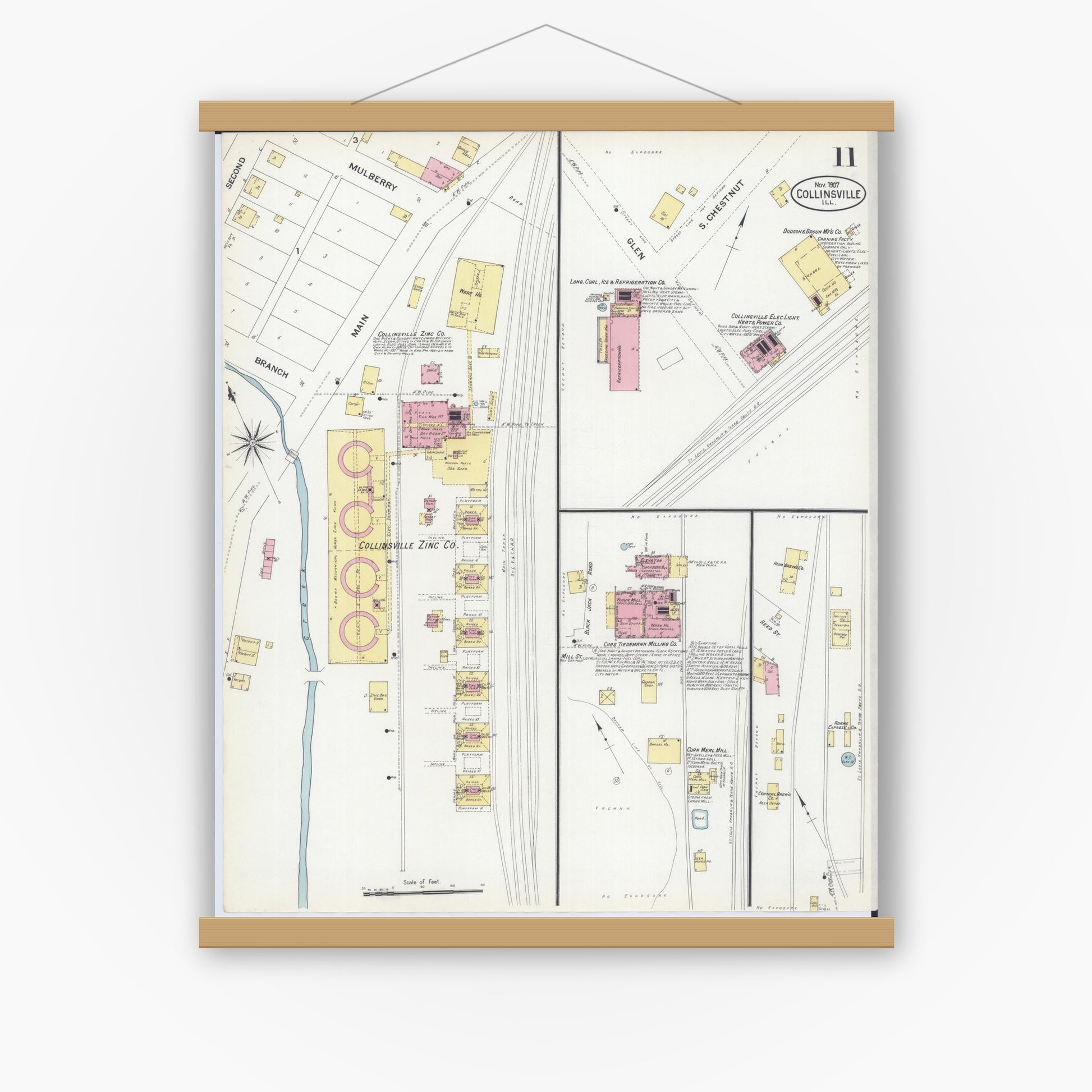 Old map wall art mockup — magnetic wood frame on white wall — Sanborn Fire Insurance Map from Collinsville, Madison County, Illinois (1907), Sheet #0011