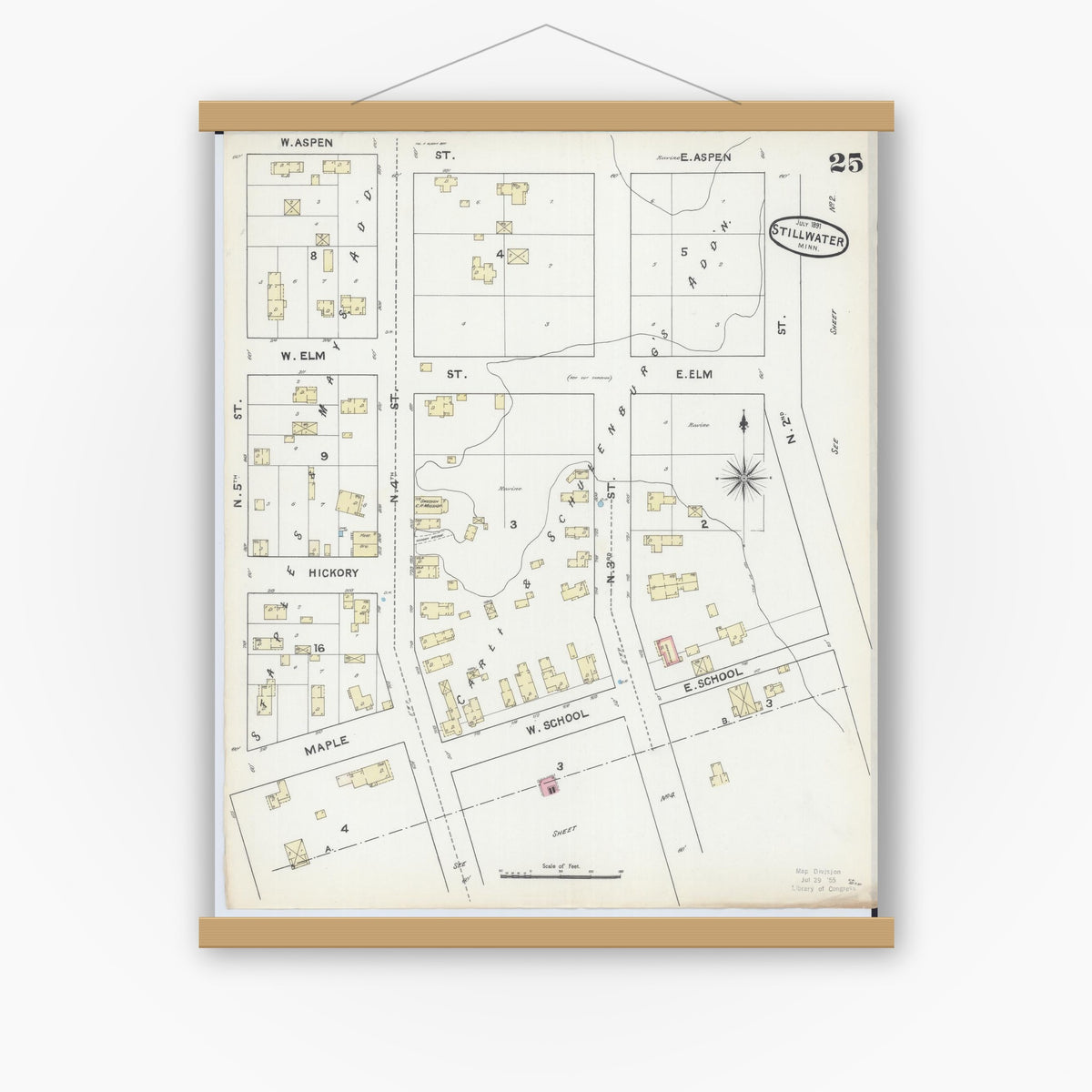 Old map wall art mockup — magnetic wood frame on white wall — Sanborn Fire Insurance Map from Stillwater, Washington County, Minnesota (1891), Sheet #0025