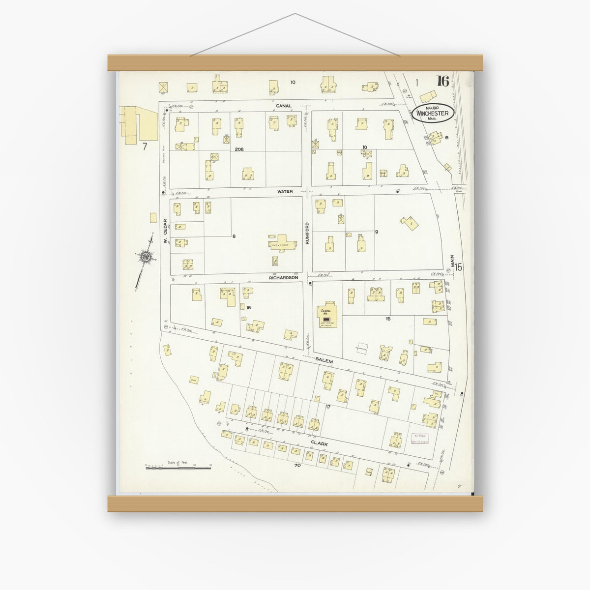 Old map wall art mockup — magnetic wood frame on white wall — Sanborn Fire Insurance Map from Winchester, Middlesex County, Massachusetts (1910), Sheet #0016