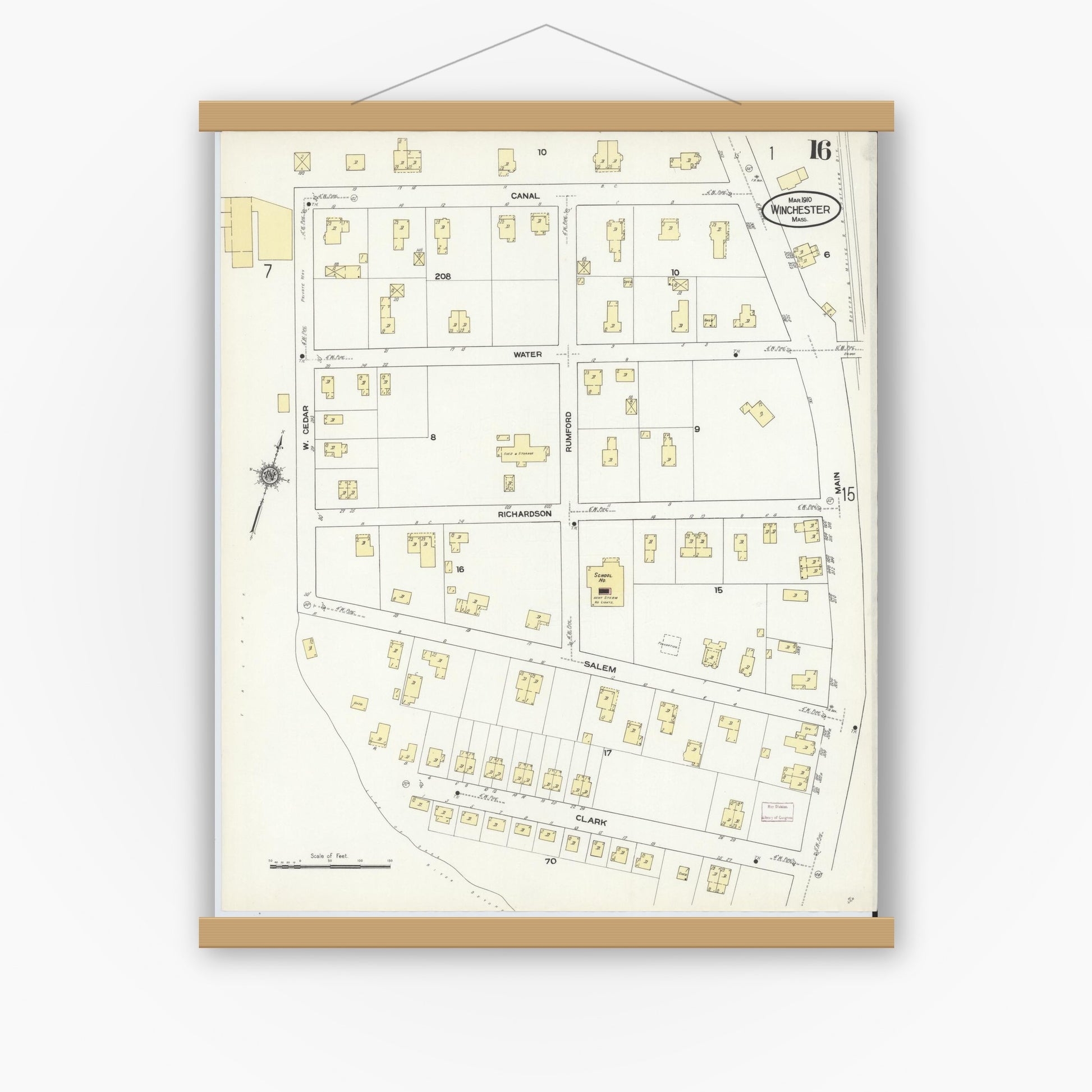 Old map wall art mockup — magnetic wood frame on white wall — Sanborn Fire Insurance Map from Winchester, Middlesex County, Massachusetts (1910), Sheet #0016