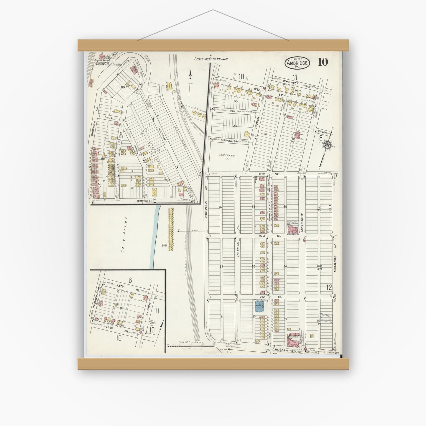 Old map wall art mockup — magnetic wood frame on white wall — Sanborn Fire Insurance Map from Ambridge, Beaver County, Pennsylvania (1917), Sheet #0010