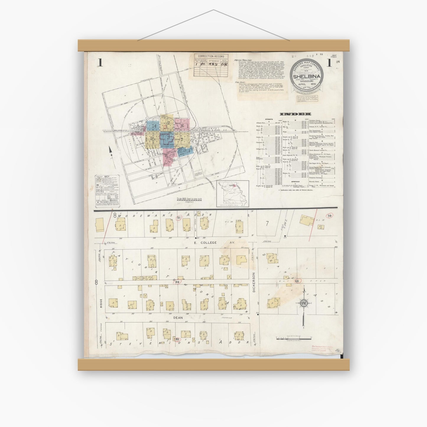 Old map wall art mockup — magnetic wood frame on white wall — Sanborn Fire Insurance Map from Shelbina, Shelby County, Missouri (1943) - Complete Map Set