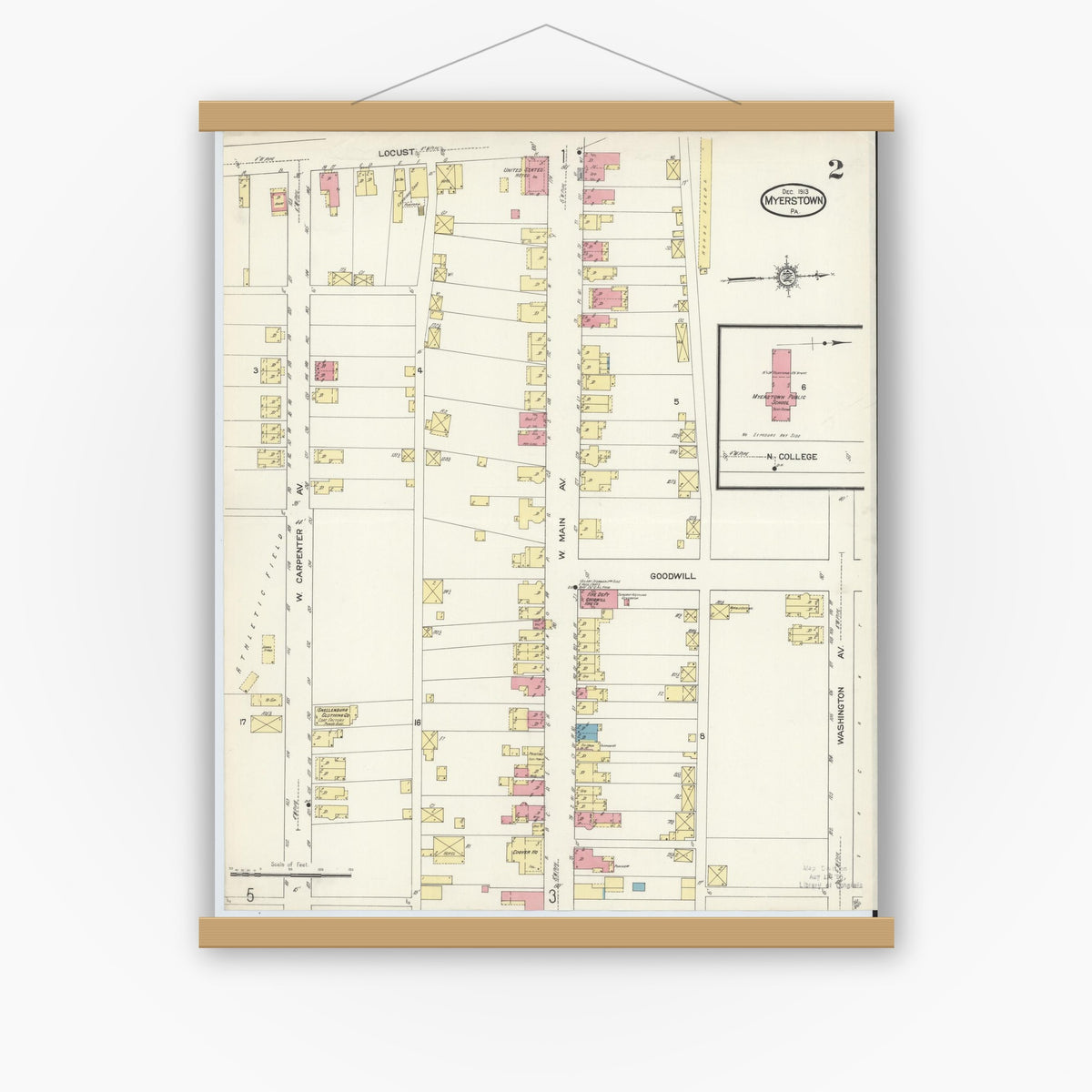 Old map wall art mockup — magnetic wood frame on white wall — Sanborn Fire Insurance Map from Myerstown, Lebanon County, Pennsylvania (1913), Sheet #0002