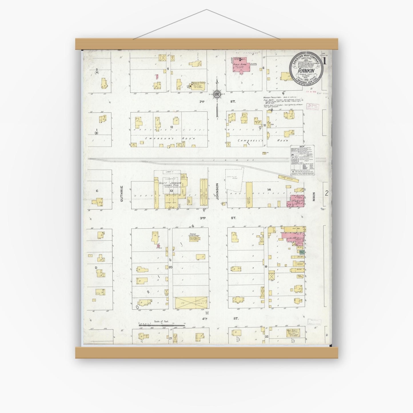 Old map wall art mockup — magnetic wood frame on white wall — Sanborn Fire Insurance Map from Rankin, Vermilion County, Illinois (1910) - Complete Map Set