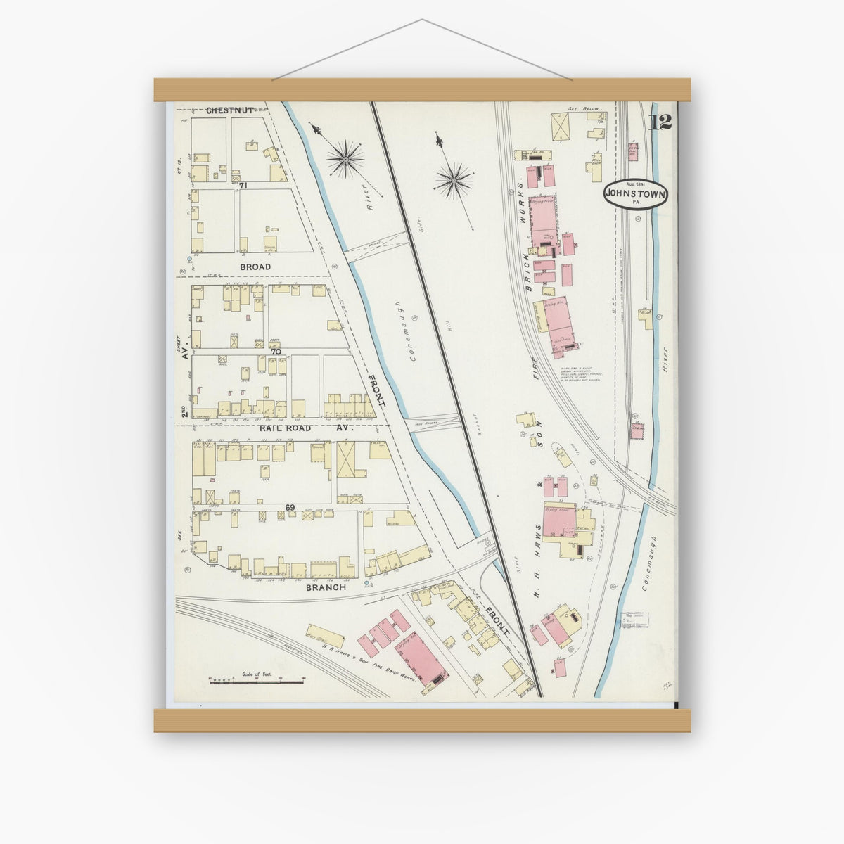 Old map wall art mockup — magnetic wood frame on white wall — Sanborn Fire Insurance Map from Johnstown, Cambria County, Pennsylvania (1891), Sheet #0012