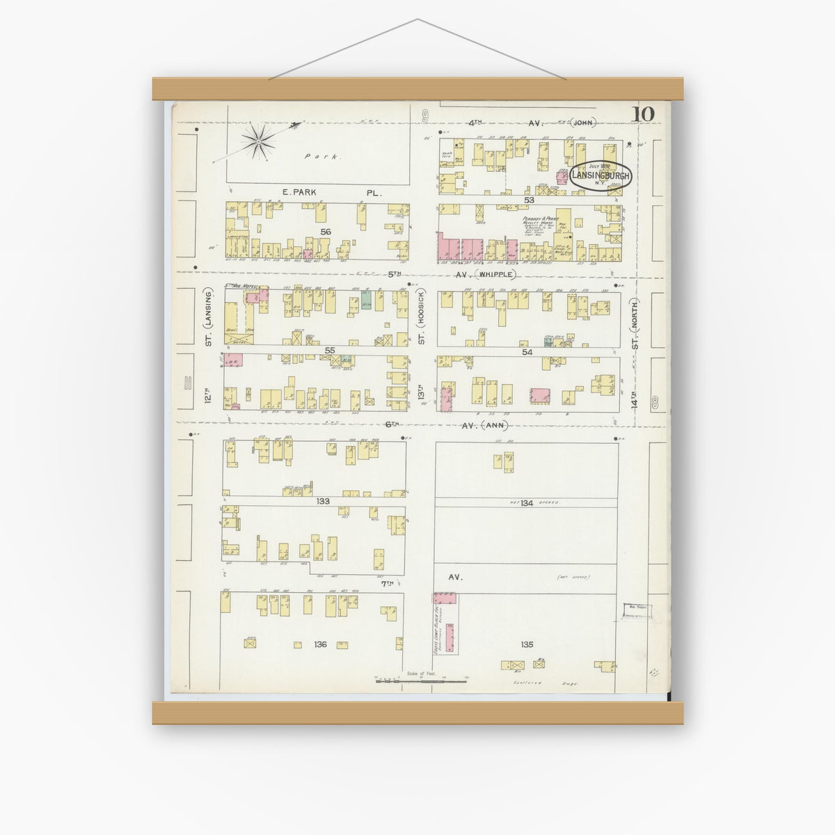 Old map wall art mockup — magnetic wood frame on white wall — Sanborn Fire Insurance Map from Lansingburg, Rensselaer County, New York (1892), Sheet #0010