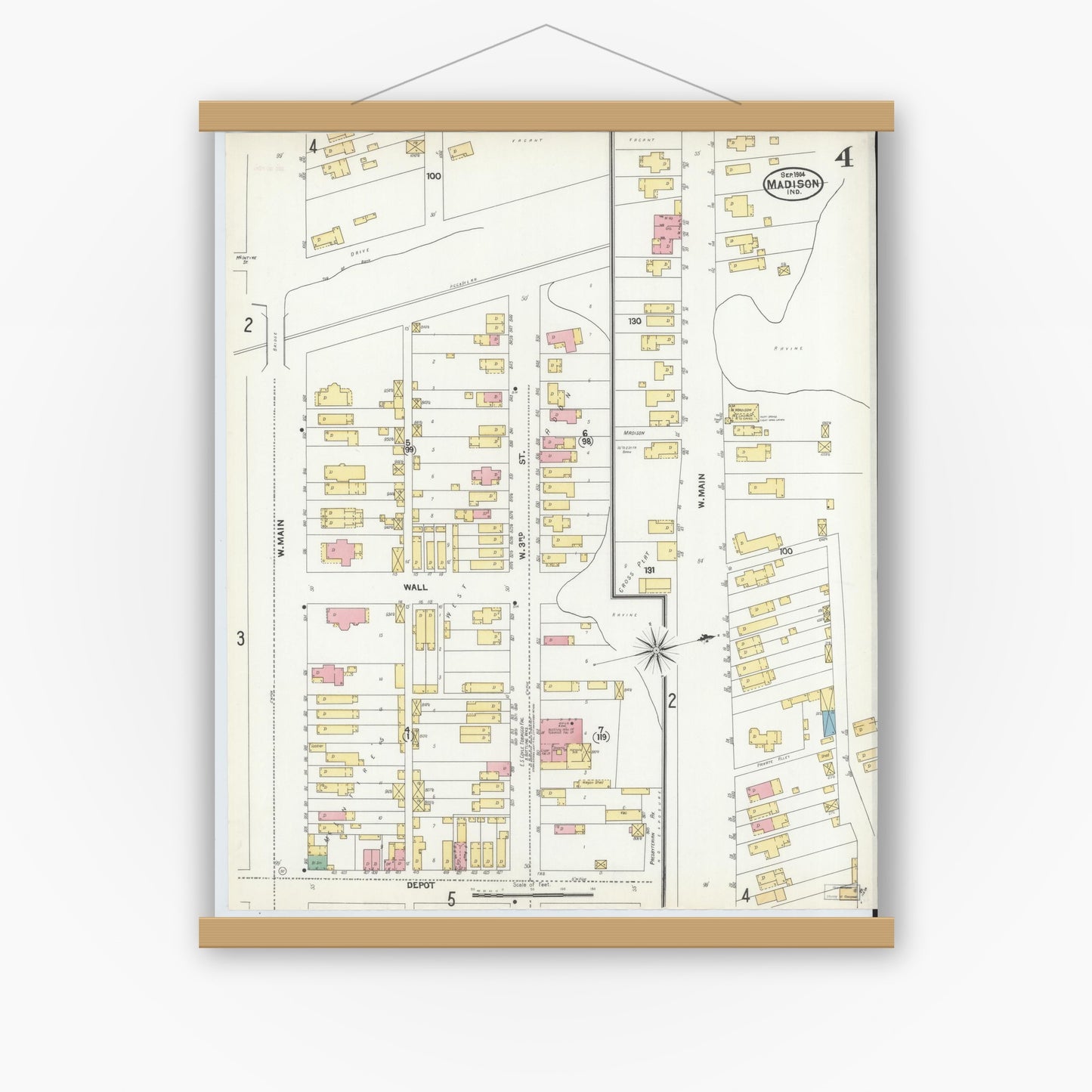 Old map wall art mockup — magnetic wood frame on white wall — Sanborn Fire Insurance Map from Madison, Jefferson County, Indiana (1904), Sheet #0004