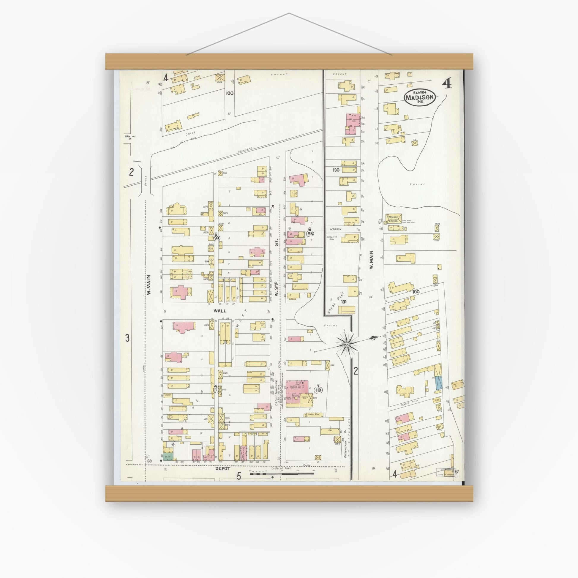 Old map wall art mockup — magnetic wood frame on white wall — Sanborn Fire Insurance Map from Madison, Jefferson County, Indiana (1904), Sheet #0004