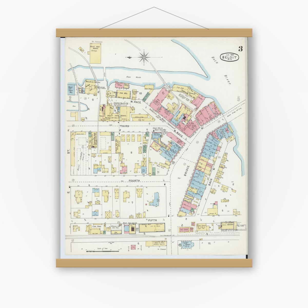 Old map wall art mockup — magnetic wood frame on white wall — Sanborn Fire Insurance Map from Beloit, Rock County, Wisconsin (1895), Sheet #0003
