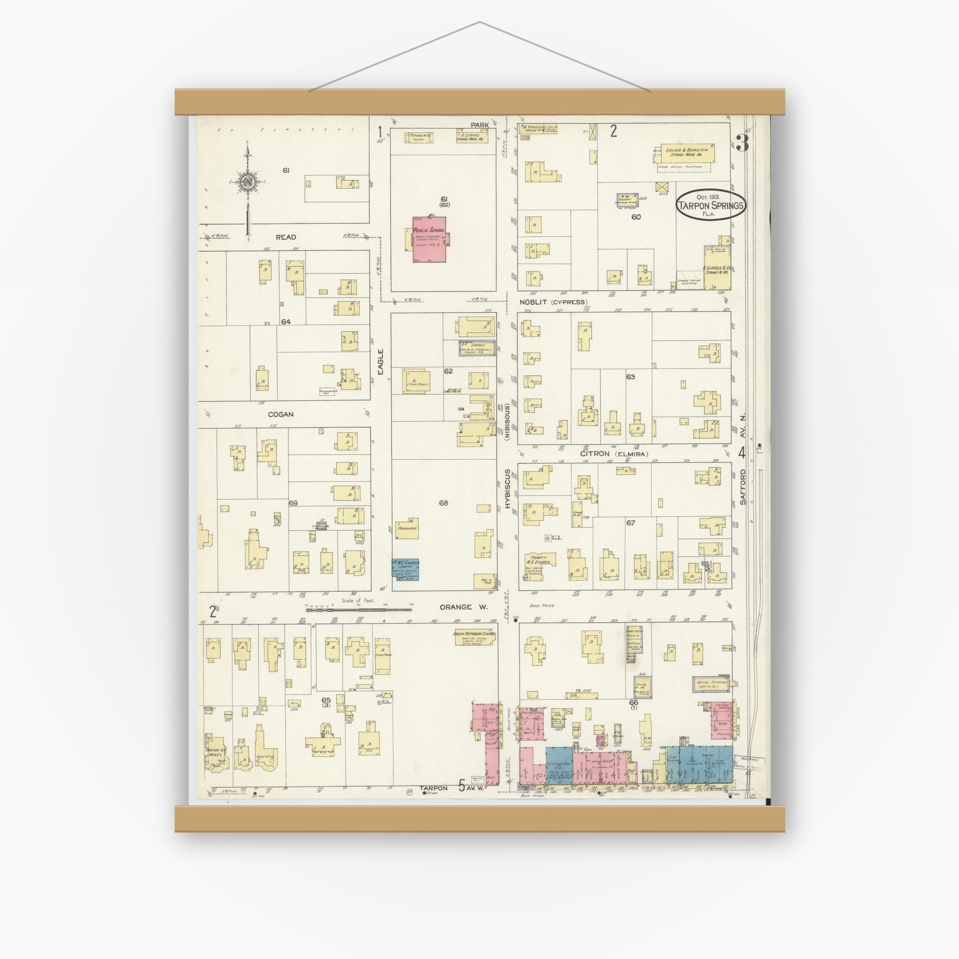 Old map wall art mockup — magnetic wood frame on white wall — Sanborn Fire Insurance Map from Tarpon Springs, Pinellas County, Florida (1913), Sheet #0003