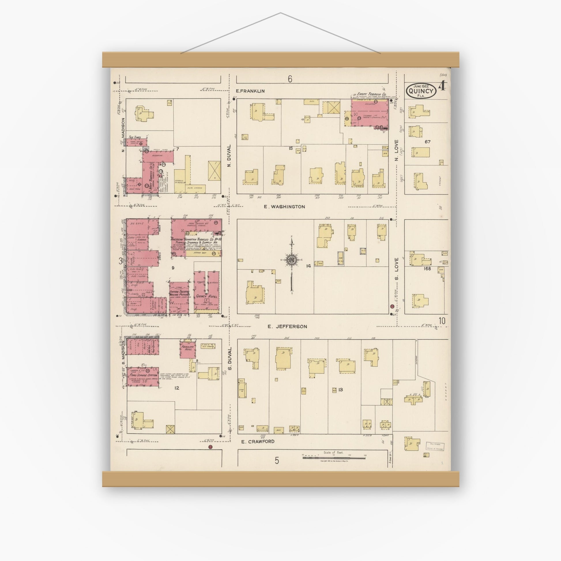 Old map wall art mockup — magnetic wood frame on white wall — Sanborn Fire Insurance Map from Quincy, Gadsden County, Florida (1922), Sheet #0004