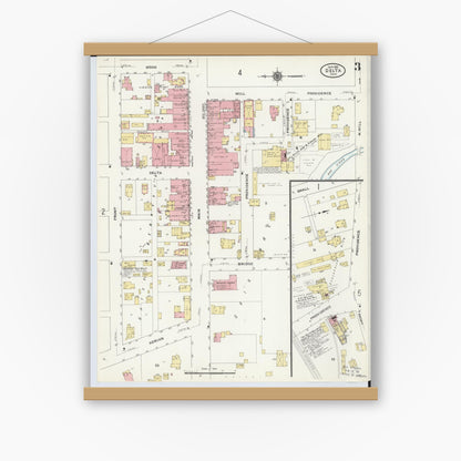 Old map wall art mockup — magnetic wood frame on white wall — Sanborn Fire Insurance Map from Delta, Fulton County, Ohio (1905), Sheet #0007