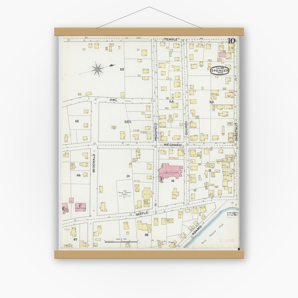 Old map wall art mockup — magnetic wood frame on white wall — Sanborn Fire Insurance Map from Spencer, Worcester County, Massachusetts (1892), Sheet #0010