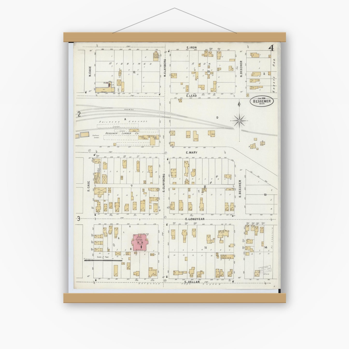 Old map wall art mockup — magnetic wood frame on white wall — Sanborn Fire Insurance Map from Bessemer, Gogebic County, Michigan (1898), Sheet #0004