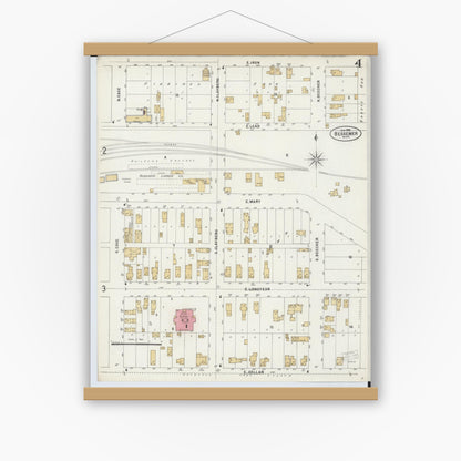 Old map wall art mockup — magnetic wood frame on white wall — Sanborn Fire Insurance Map from Bessemer, Gogebic County, Michigan (1898), Sheet #0004