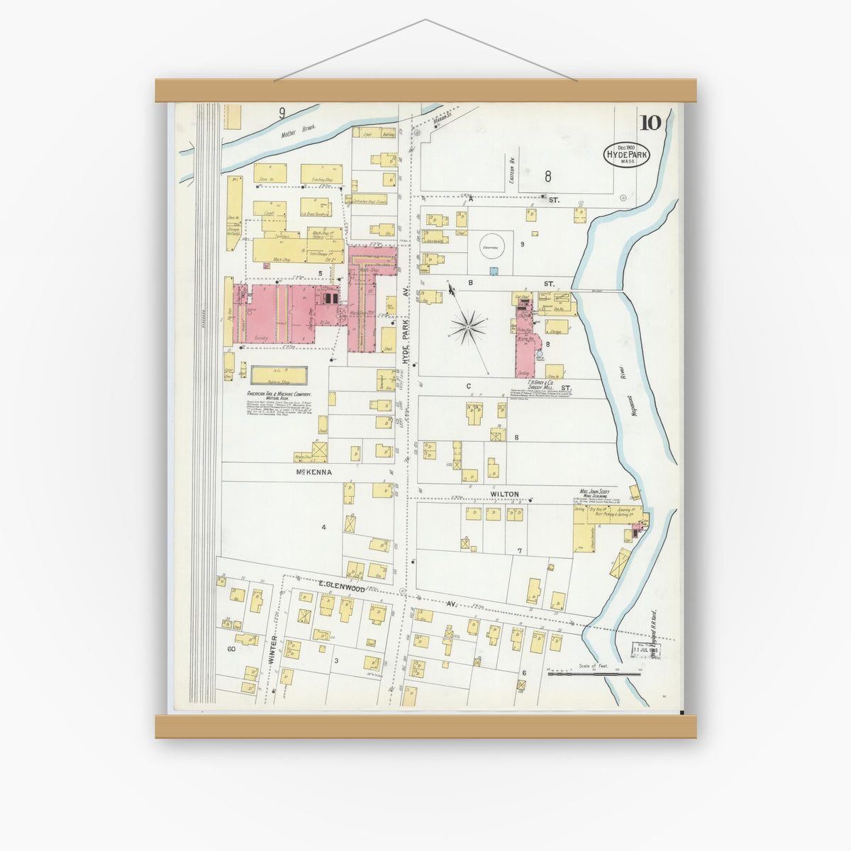 Old map wall art mockup — magnetic wood frame on white wall — Sanborn Fire Insurance Map from Hyde Park, Norfolk County, Massachusetts (1900), Sheet #0010