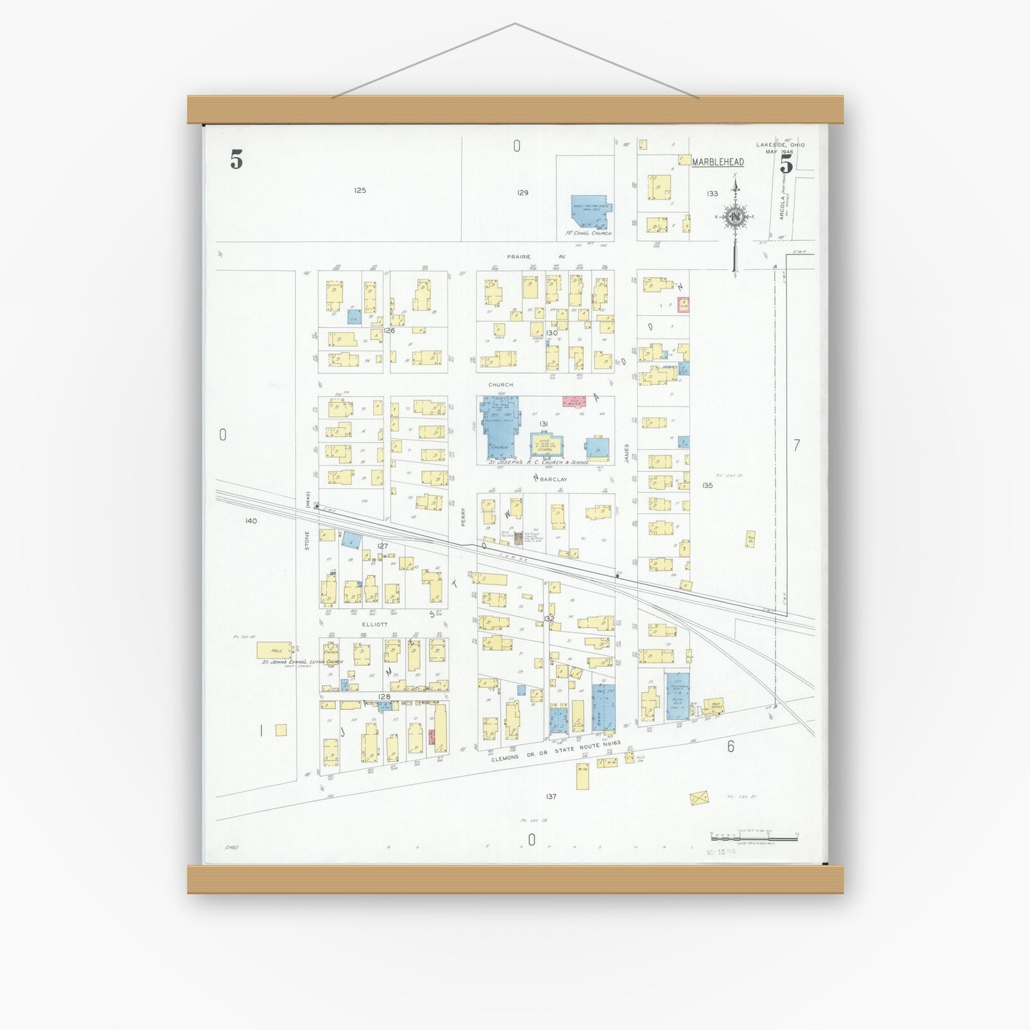 Old map wall art mockup — magnetic wood frame on white wall — Sanborn Fire Insurance Map from Lakeside, Ottawa County, Ohio (1946), Sheet #0005
