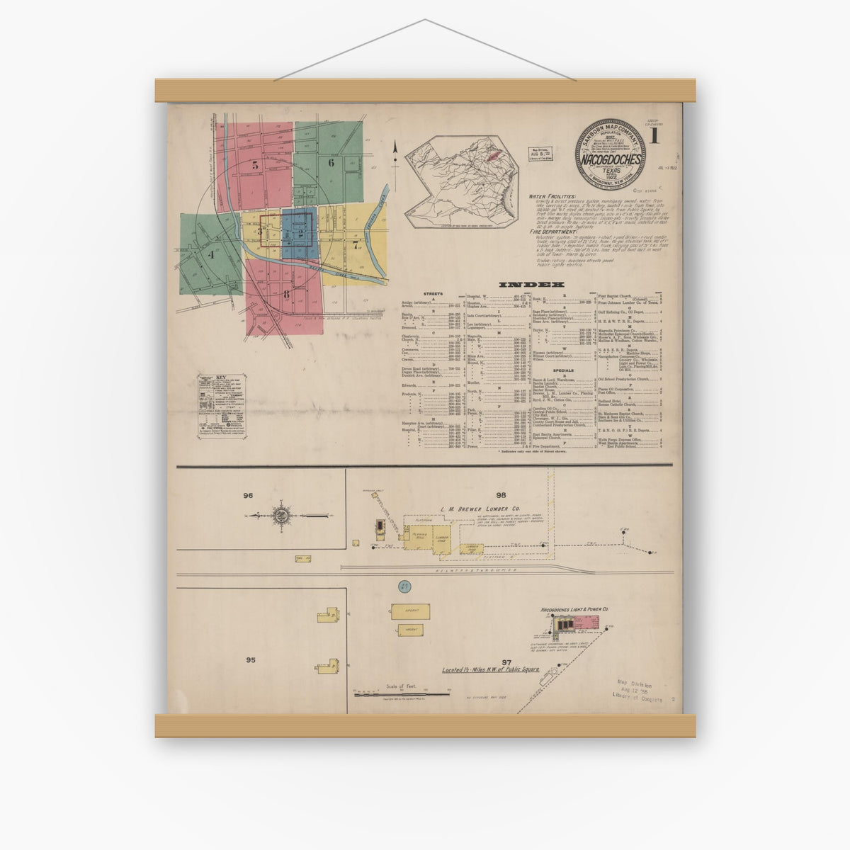 Old map wall art mockup — magnetic wood frame on white wall — Sanborn Fire Insurance Map from Nacogdoches, Nacogdoches County, Texas (1922) - Complete Map Set