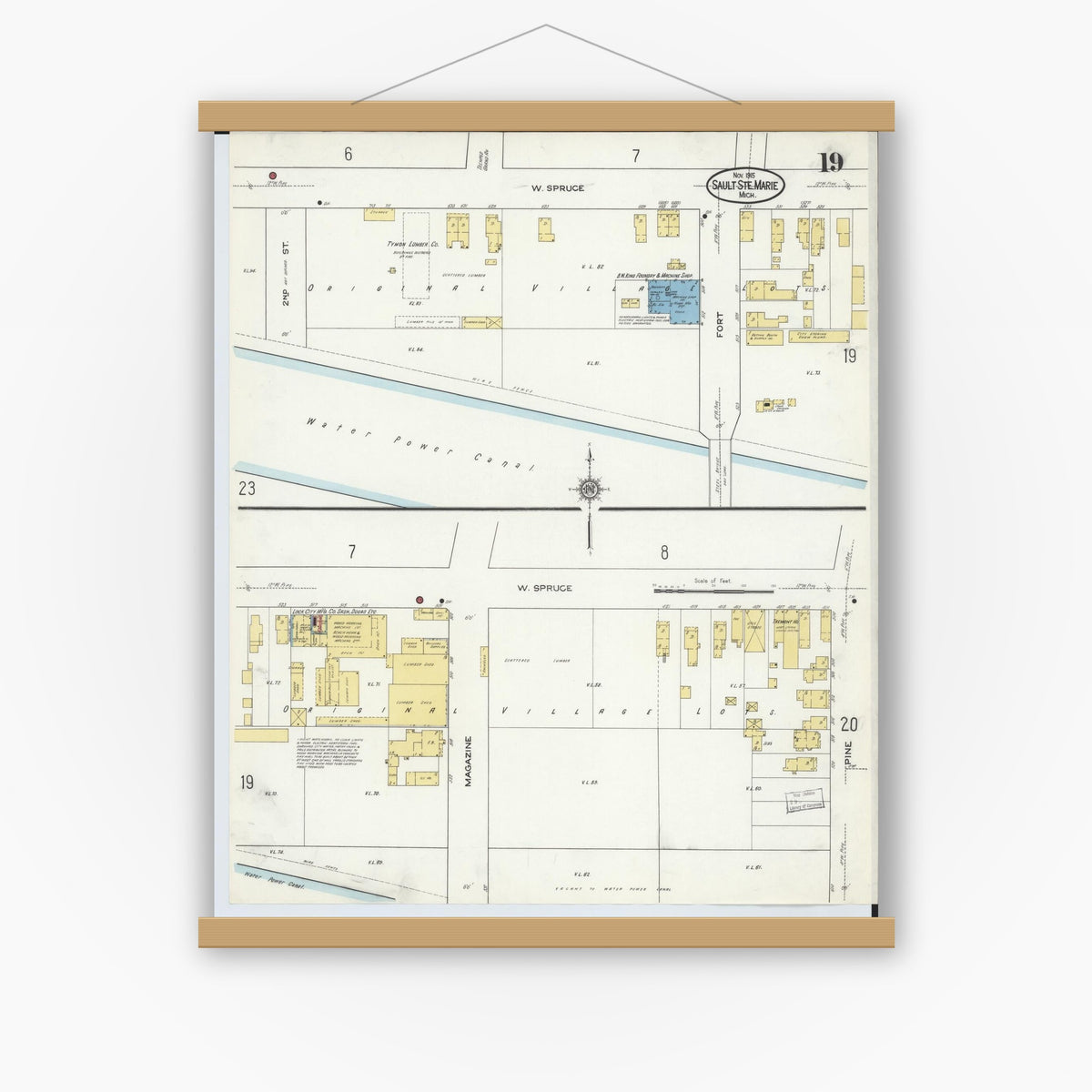 Old map wall art mockup — magnetic wood frame on white wall — Sanborn Fire Insurance Map from Sault Sainte Marie, Chippewa County, Michigan (1915), Sheet #0019