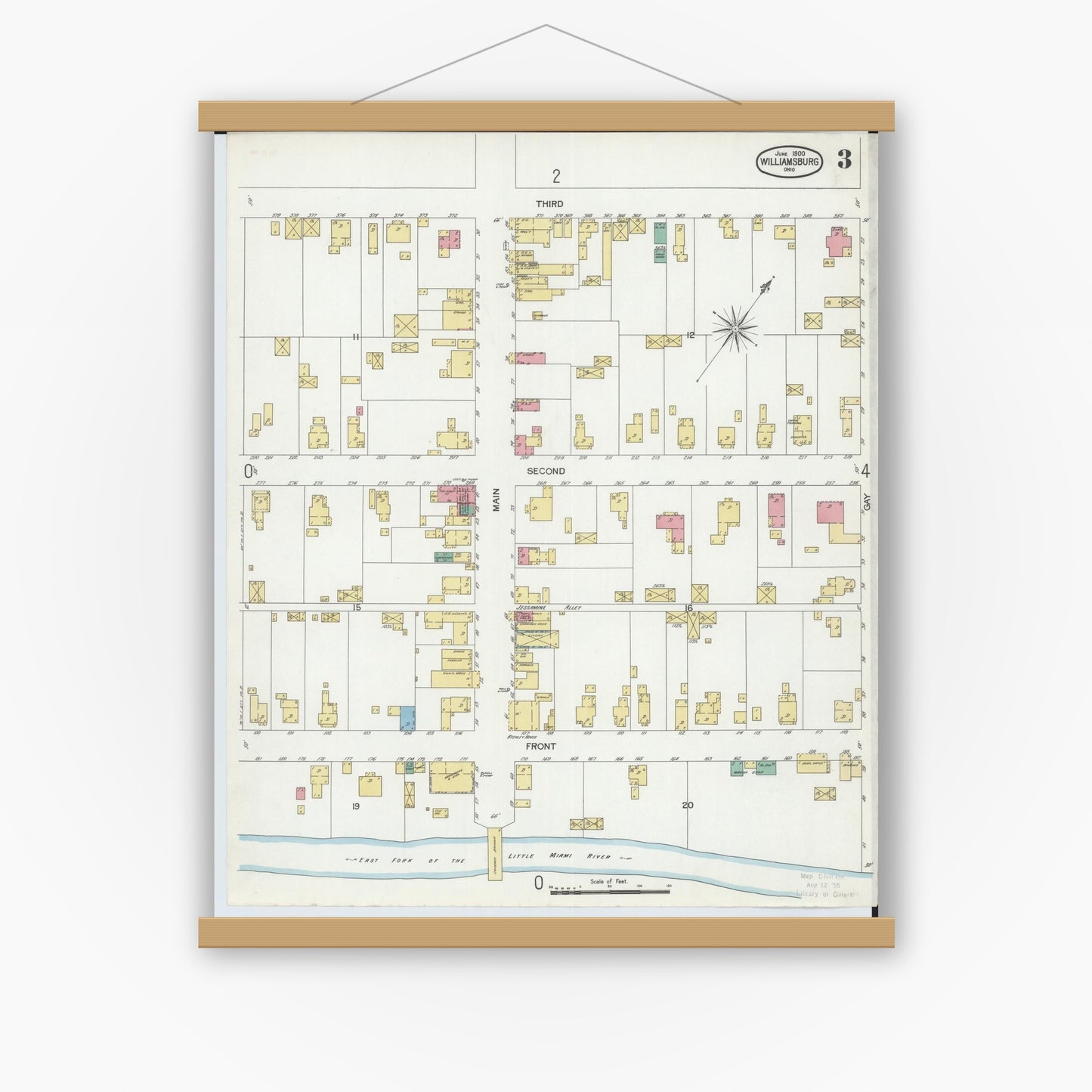 Old map wall art mockup — magnetic wood frame on white wall — Sanborn Fire Insurance Map from Williamsburg, Clermont County, Ohio (1900), Sheet #0003