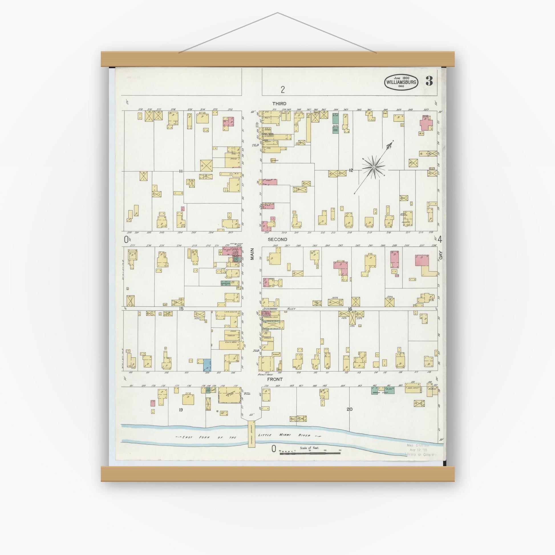 Old map wall art mockup — magnetic wood frame on white wall — Sanborn Fire Insurance Map from Williamsburg, Clermont County, Ohio (1900), Sheet #0003