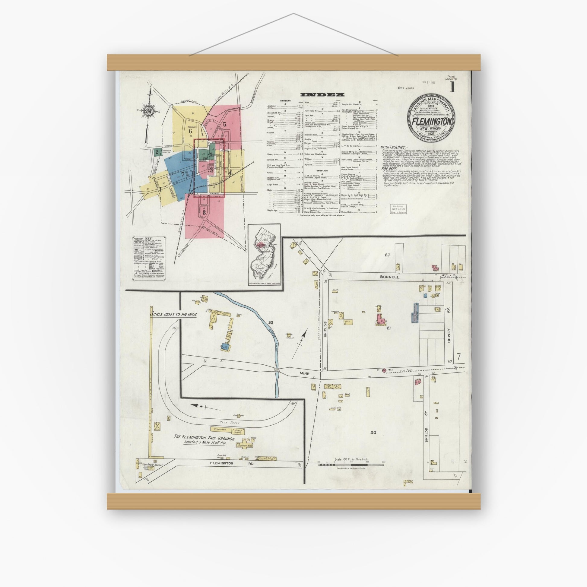 Old map wall art mockup — magnetic wood frame on white wall — Sanborn Fire Insurance Map from Flemington, Hunterdon County, New Jersey (1921), Sheet #0001