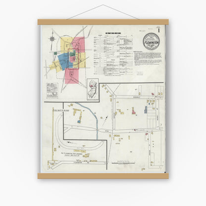 Old map wall art mockup — magnetic wood frame on white wall — Sanborn Fire Insurance Map from Flemington, Hunterdon County, New Jersey (1921), Sheet #0001